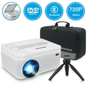 BIGASUO Projector Native 720P, Portable Support 1080P Projector with 55000 Hours Lamp Life, Built in DVD Player, Ideal for Home Theater