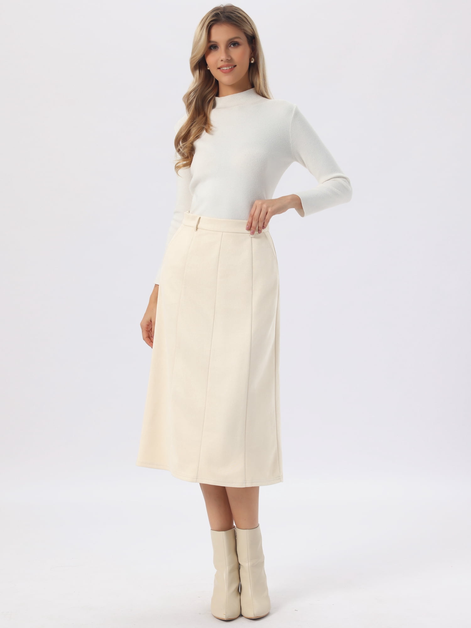 DARING DIVA Women's Faux Suede A Line Midi Skirt with Pockets Large Beige