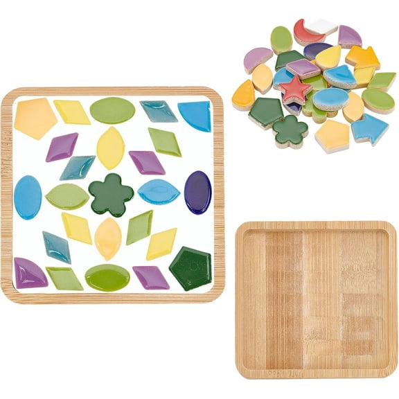 Porcelain Mosaic Tiles Mosaic Kit with Wooden Coaster Mosaic Pieces DIY Crafts Supplies