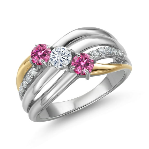Gem Stone King 925 Silver and 10K Yellow Gold Pink Moissanite and Moissanite and Lab Grown Diamond Engagement Ring for Women | 0.84 Cttw | Round 4MM | Birthstone | Size 8