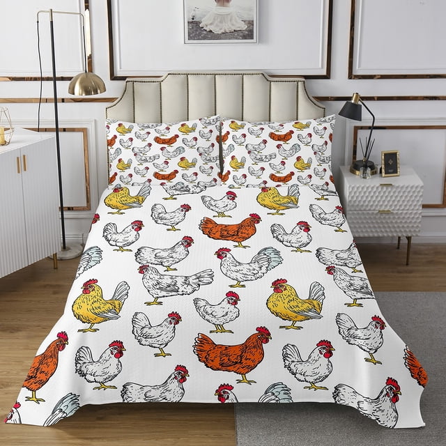 Erosebridal Colorful Chicken Coverlet Set Twin, Farm Animal Bedding Set, Rustic Rooster Room Decor, Breathable 2pcs