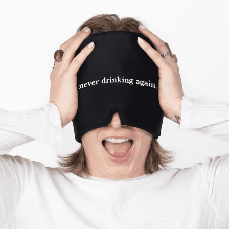 Huggs Hangover Relief Cap - "Never Drinking Again." Soft Silicon Gel Design, Unisex, Snug Fit for All Head Sizes, Black