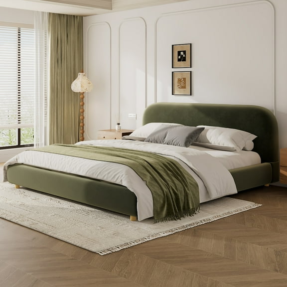 Christopher Knight Home King Platform Bed, Velvet Upholstered Frame with Curved Headboard, Olive Green