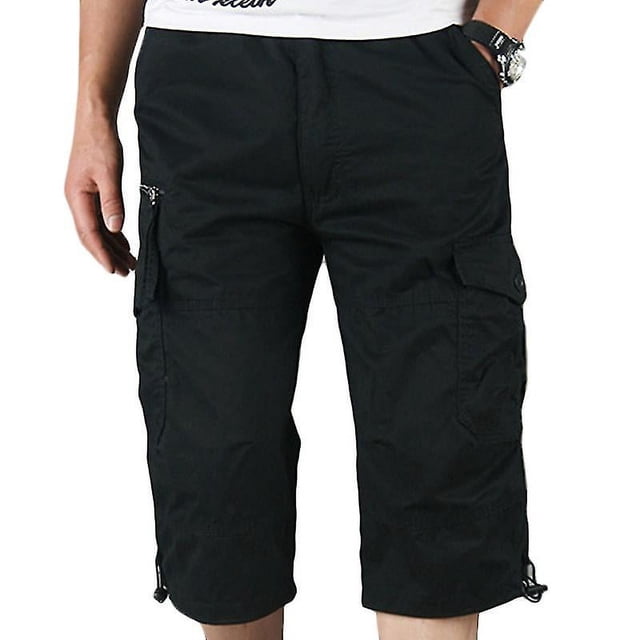 Men Plain 3/4 Length Cargo Pants Combat Multi Pockets Loose Pants