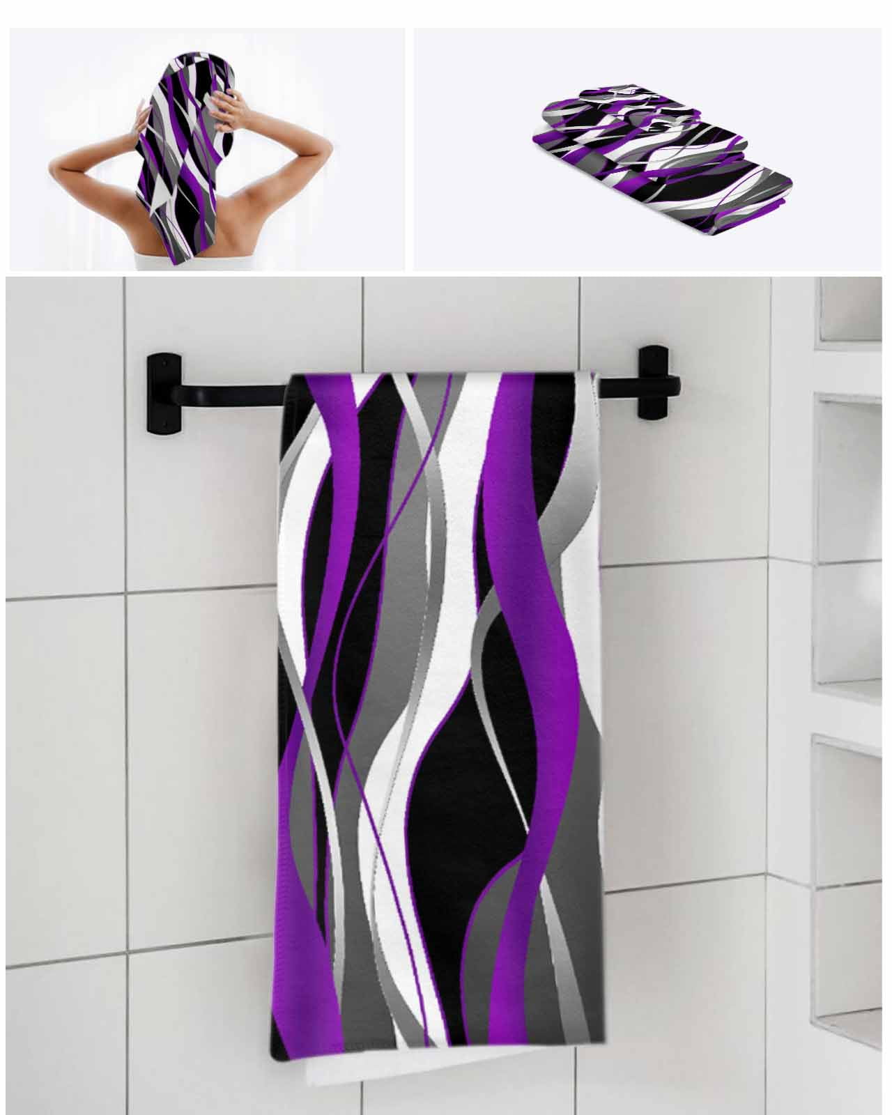 Purple Stripe Bath Towels for Bathroom Set,Luxury Microfiber Towels Gifts for Women,Beach Kitchen Hand Hair Face Towel and Dish Washcloth,Black Grey White Gradient Striped Geometric Towels+Set