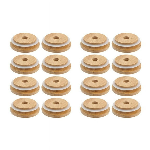 2X Reusable Bamboo Jar Lids 70MM Bamboo Jar Lids with Straw Hole for Wide Mouth Jar