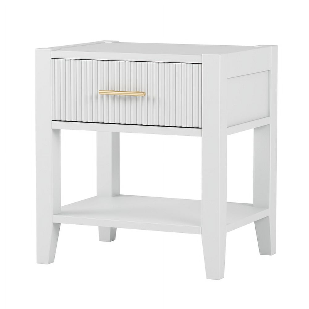 Wooden Nightstand with Gold Handle, Bedside Table with 1 Open Storage and 1 Drawer, End Table for Living Room, Bedroom, White