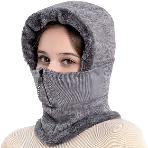 TELOLY Women Balaclava Beanie Fleece Hood Cycling Ski Thermal Face Cover Hat Winter Warm Cap Scarf for Cold Weather Gray