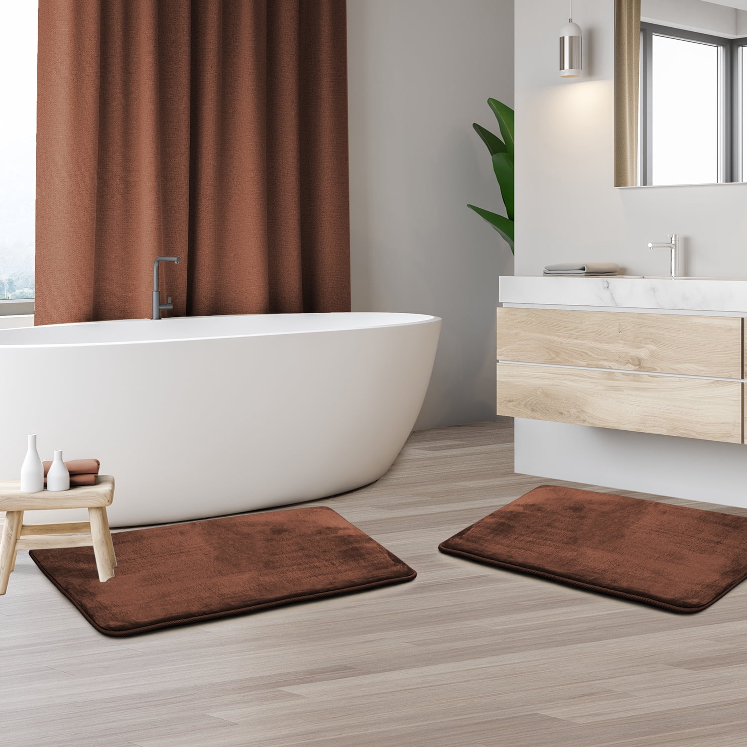 Clara Clark 2 Piece Premium Memory Foam Bathroom Mat Set, Set of 2 17x24 Inch Bath Rugs, Brown
