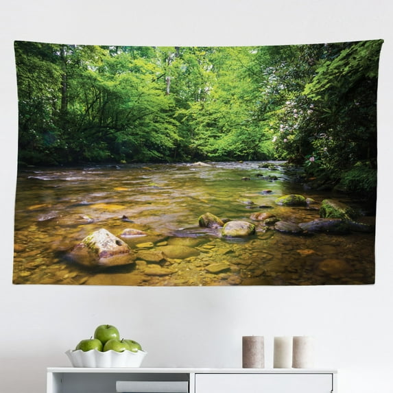 Appalachian Tapestry, Panorama Vista Wild Nature Photo of Fog in The Roan Highlands, Fabric Wall Hanging Decor for Bedroom Living Room Dorm, 2 Sizes, Tan Sea Blue, by Ambesonne