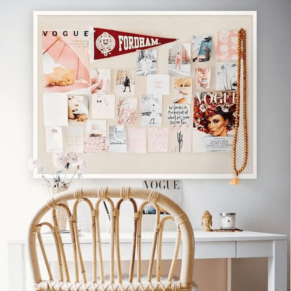 Large Bulletin Board 48x36 inch with Linen Cork Boards Wall Decor Hanging Pin Wood Framed Display Bulletin Cork Photo Picture Board Light for Room School Office 30-Pushpin White