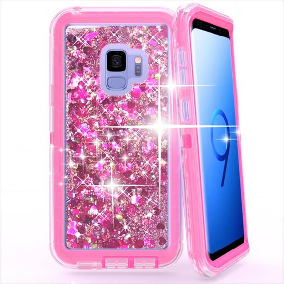 Samsung Galaxy S9 Plus Tough Defender Sparkling Liquid Glitter Heart Case Cover Light Pink