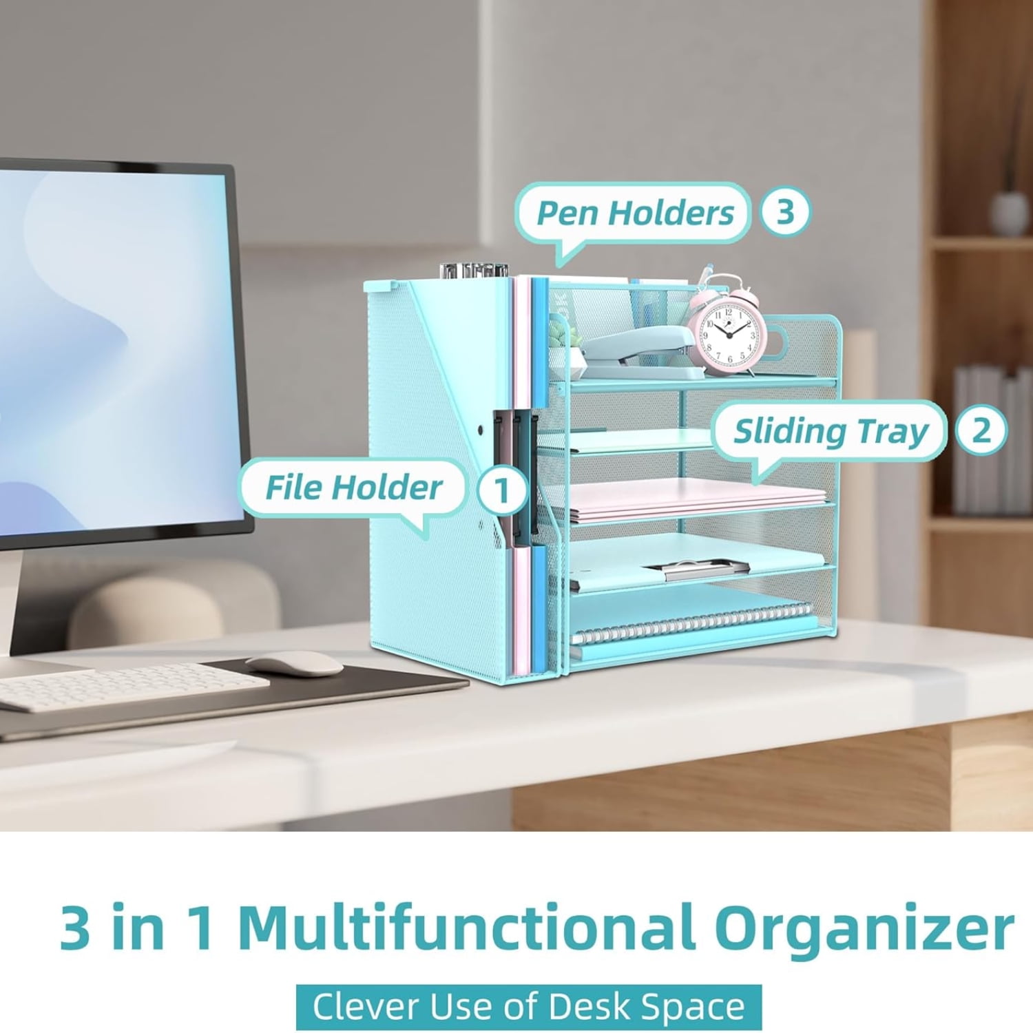INTIGE 5-Tier Desk Organizer with 3 Pen Holders, Desktop Organizer with Magazine File Holder, Mesh Office Accessories and Pen Tray for File Organization