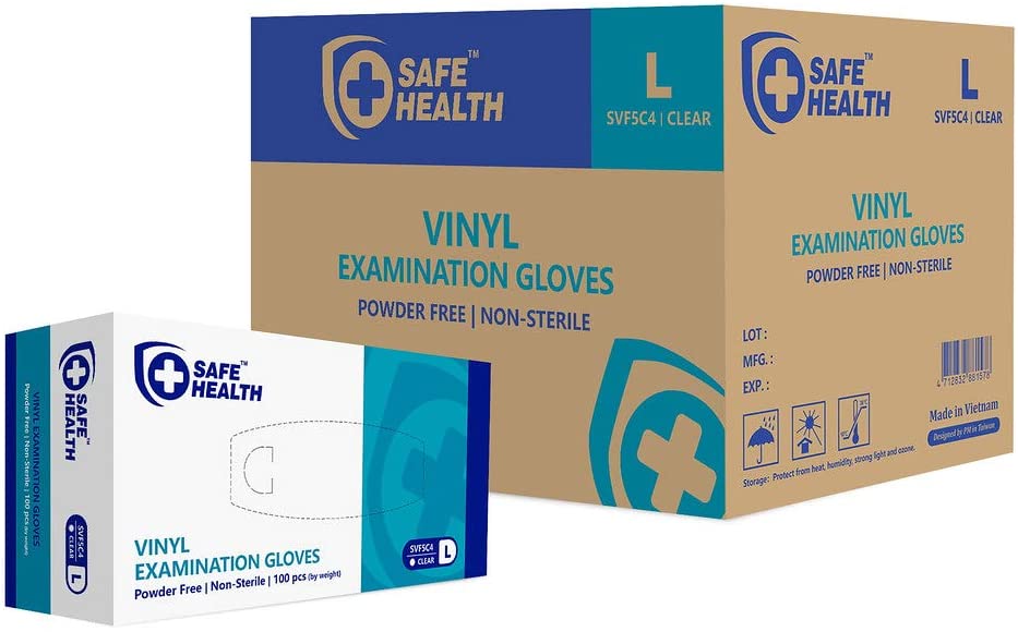 SAFE HEALTH Clear Vinyl Exam Gloves, Case of 1000, 3 Mil, Powder/Latex