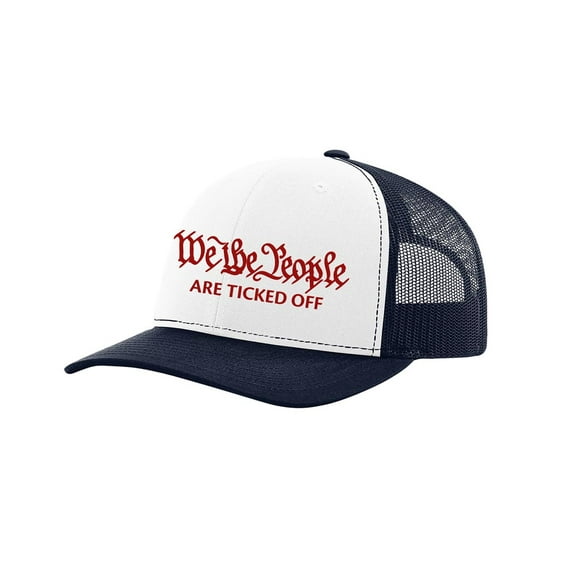 Patriot Pride We The People Are Ticked Off Men's Mesh Back Trucker Hat-White/Navy/Navy