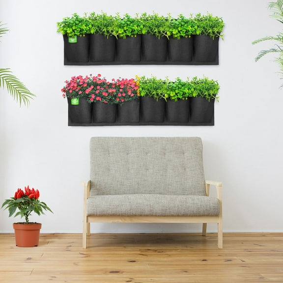 MLINS Outdoor Horizontal Wall Hanging Planting Bag Multi-Pocket Planter Felt Growing Container Bag Home Balcony Garden Supplies (Black, 6-pockets)