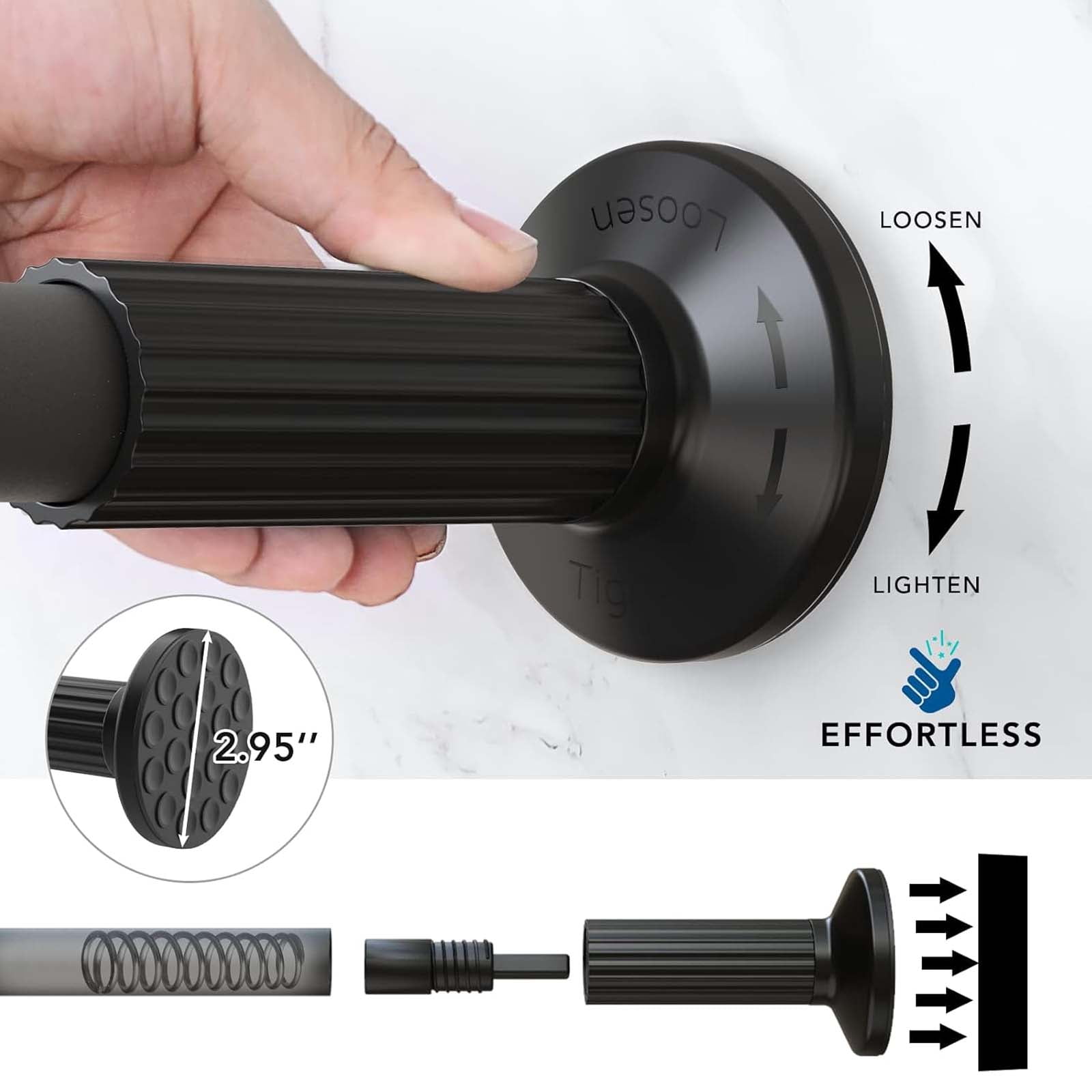 Ktinnead Tension Curtain Rod 51-128in, Extra Long Curtain Rods No Drilling for Window Bathroom Patio, Adjustable Spring Shower Curtain Rod, Rod Diameter 1.26in-Black
