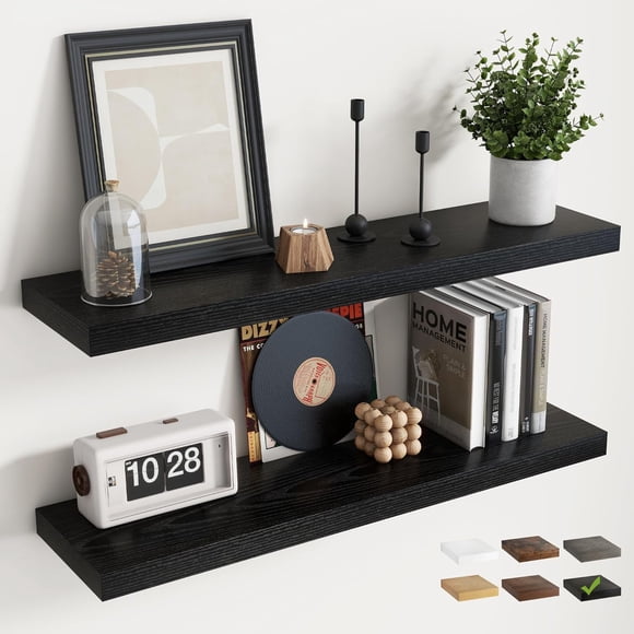 36 Inch Floating Shelves for Wall Set of 2, 8" D Wood Grain Bathroom Shelves with Brackets, Easy Install Engineered Wood Storage Shelves for Kitchen, Living Room, Bedroom, Black Finish