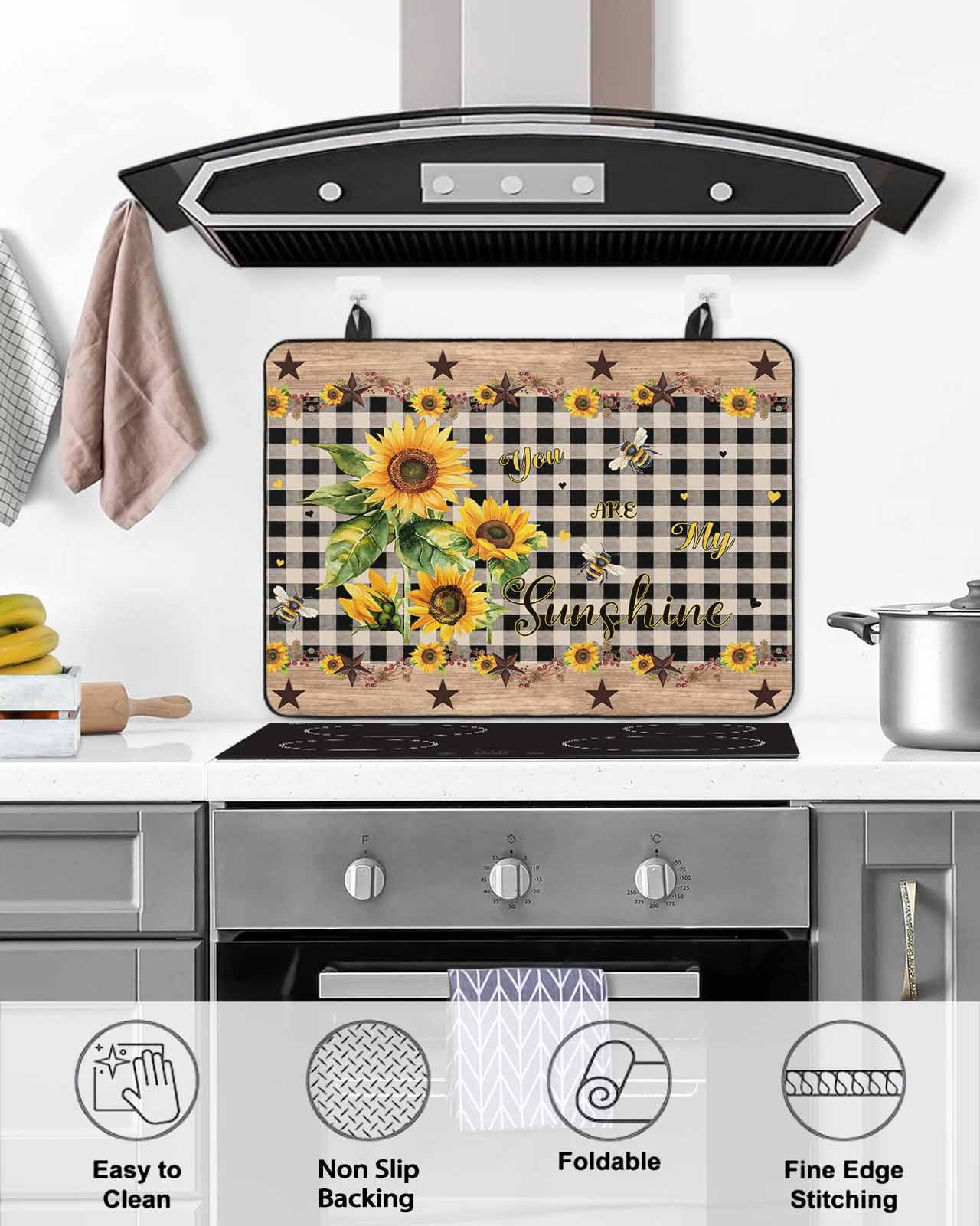 nqOlkjepod Large Induction Cooktop Protector Mat 36"x21", Sunflower Plaid Stove Top Covers for Electric Stove, Country Sunshine Star Vintage Bee Black Stove Burner Cover Mats, Glass Top Stove Cover