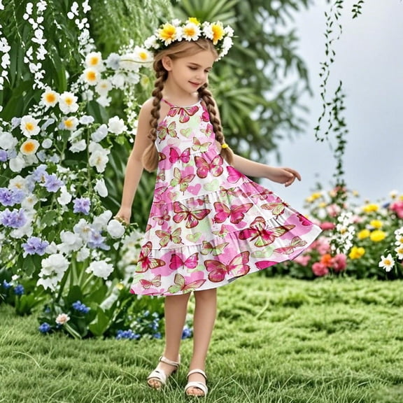 Nmnitkp Girl Dresses Boho Dress for Girls Floral Dress Tie Back Flutter Sleeves Casual Summer Dress Pink,7 Years