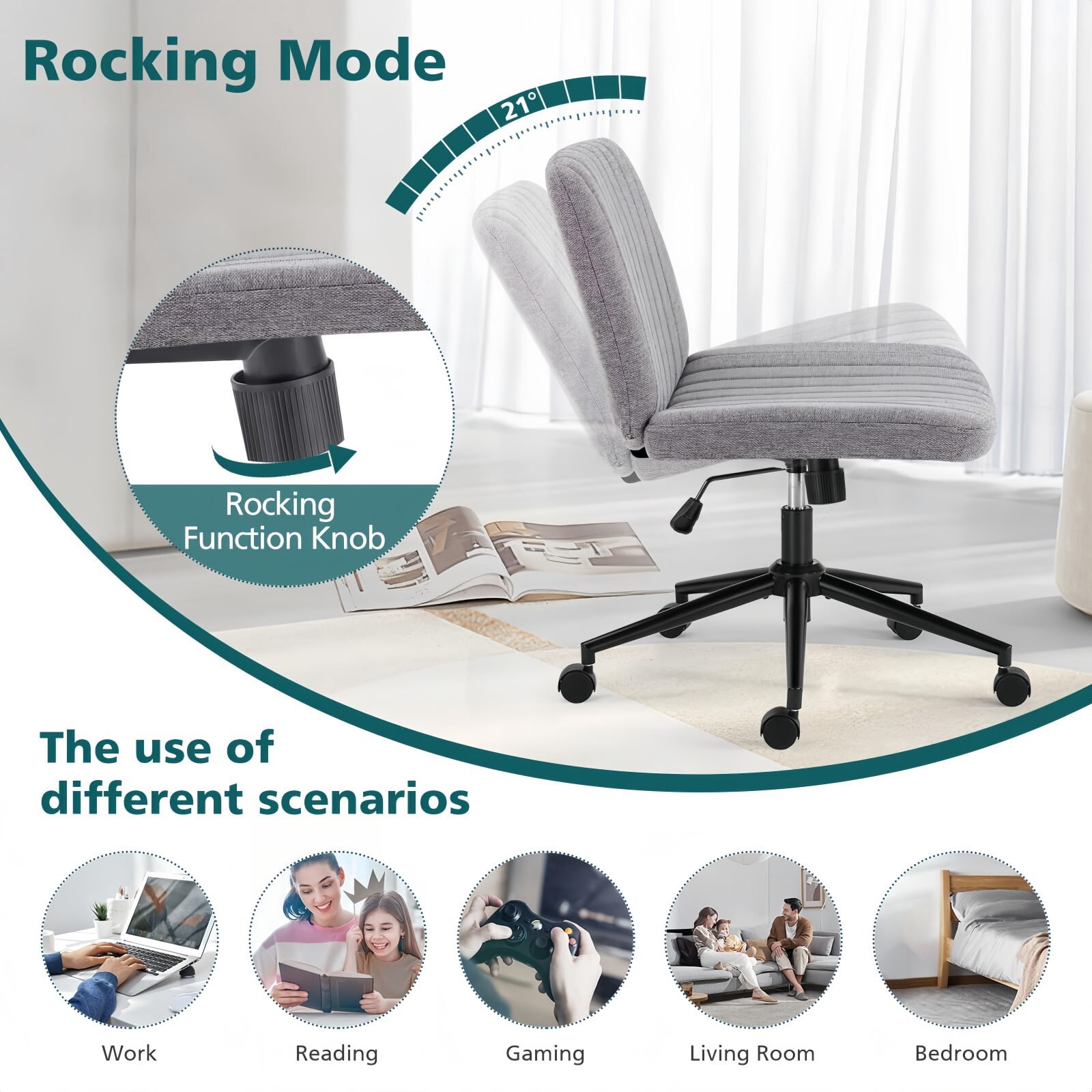 Kelno Armless Criss Cross Office Chair with Wheels 300lb Capacity Wide Seat Cross Legged Desk Chair Height Adjustable Swivel Vanity Chair, Gray Linen