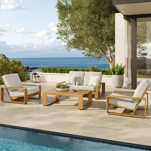 Modway Lirienne 4-Piece Outdoor Patio Aluminum Faux Wood Furniture Set in Ivory Natural by Modway