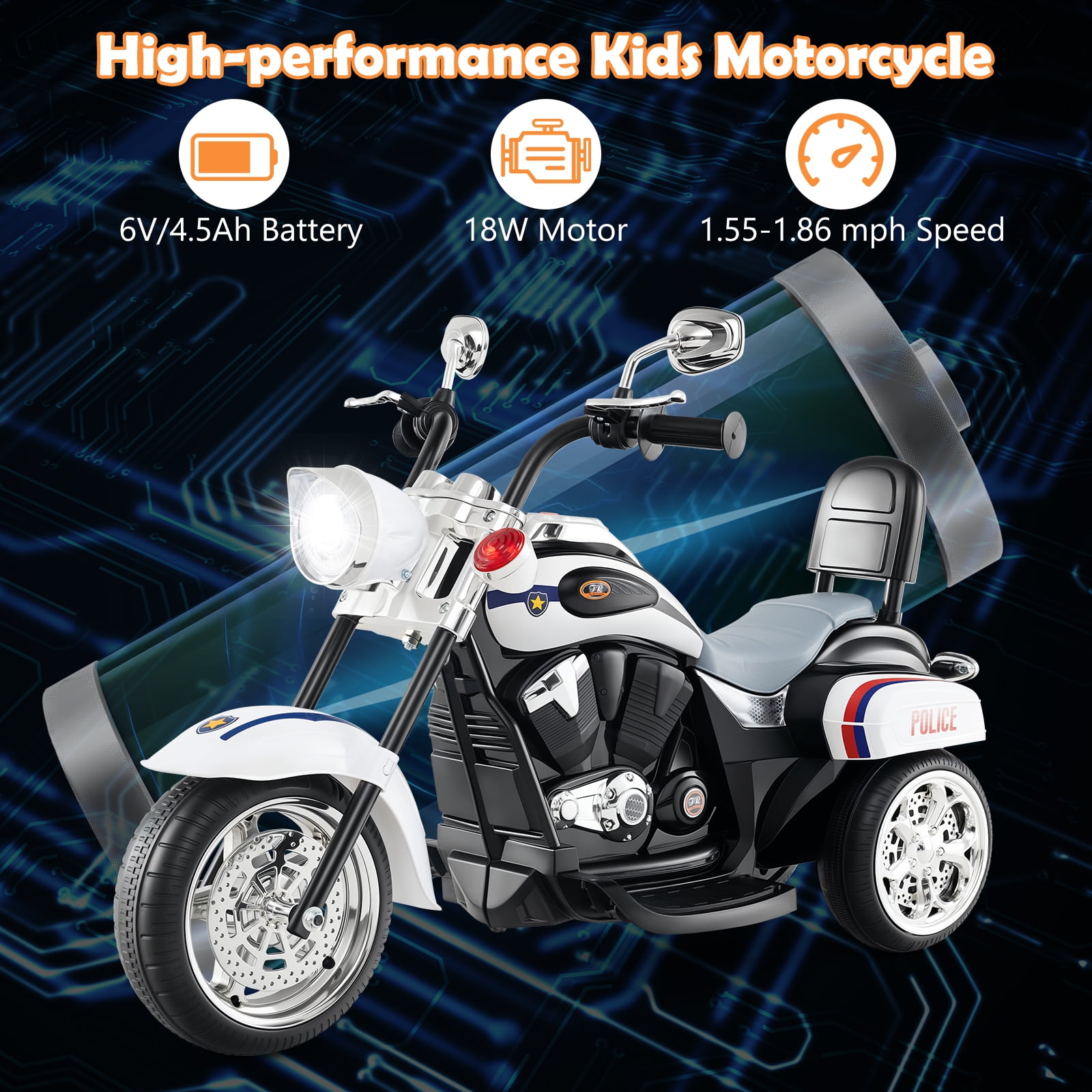 Costway 3 Wheel Kids Ride On Motorcycle 6V Battery Powered Electric Toy Police