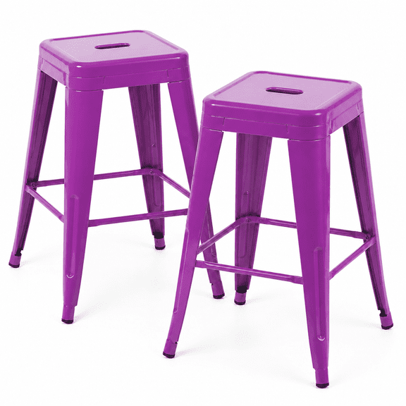 24 Inch Backless Metal Counter Stool Set of 2, Purple, Stackable with Carry Hole and Footrest