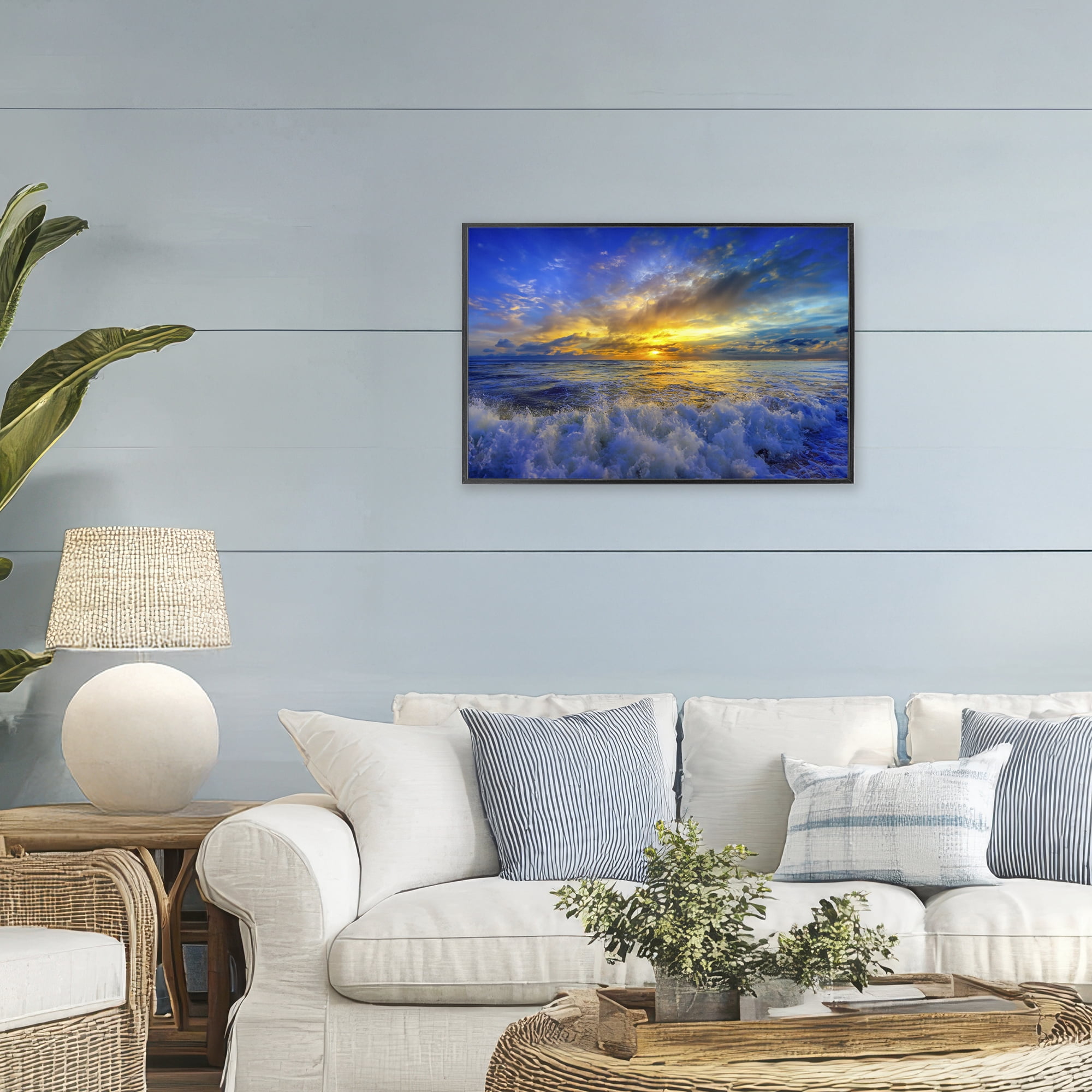 Stupell Industries Golden Blue Sunset over Waves Black Framed Giclee Art, design by Eszra Tanner