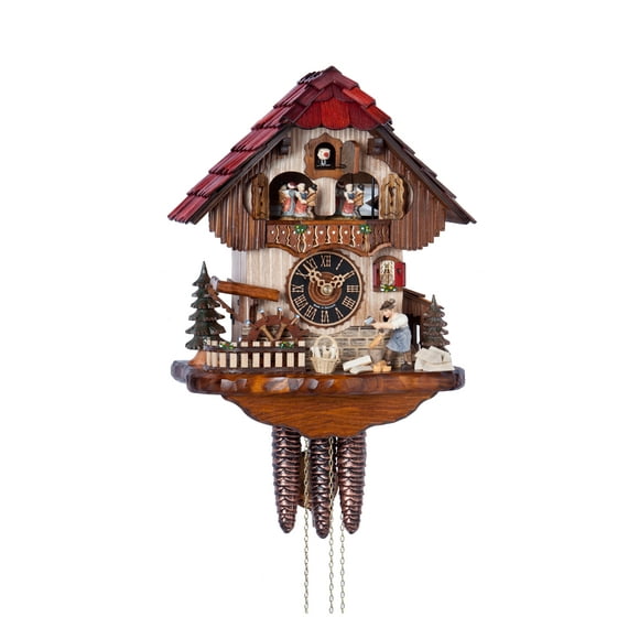 Horloge Coucou Maison Forêt Noire avec Hachoir à Bois et Roue de Moulin en Mouvement