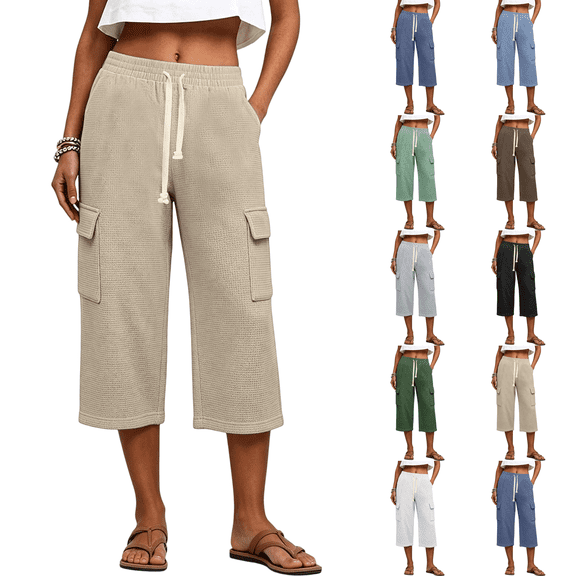 Waffle Cargo Shorts for Women Summer Capri Baggy Below Knee Long Shorts with Pockets Drawstring Elastic Waist 3/4 Pants Khaki L