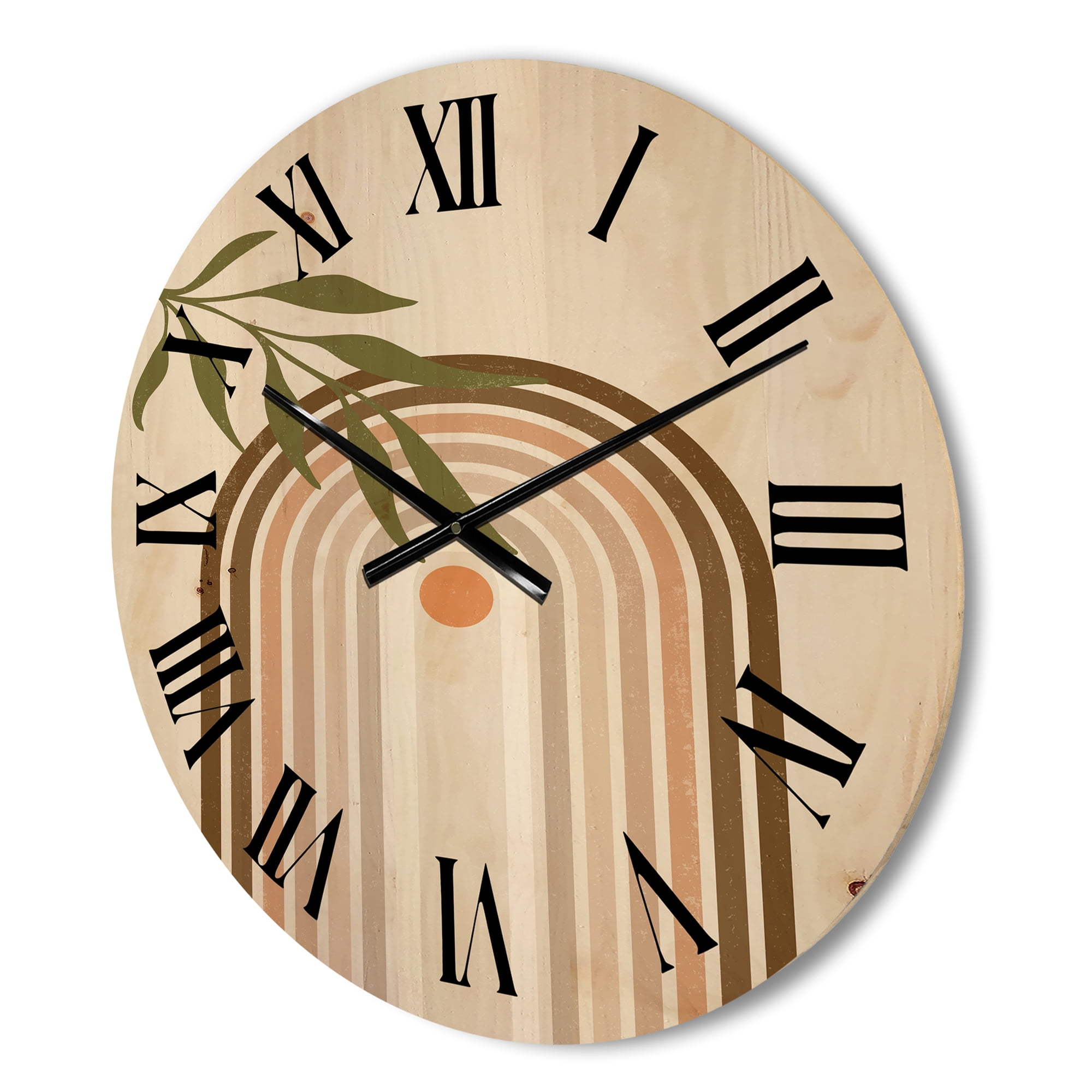 Designart 'Abstract Moon and Sun With Green Leaf I' Modern Wood Wall Clock