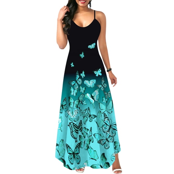 GORHGORH Holiday Leisure Slip Dress Butterfly Print Sleeveless Spaghetti Strap Sundress