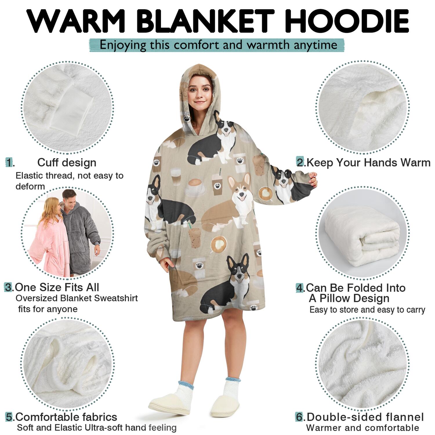 Wearable Oversized Blanket,Cartoon Corgi and Coffee Wearable Blanket Hoodie for Adults,Cozy Hooded Blankets with Super Pockets,Super Warm Fuzzy Pullover for Women & Men