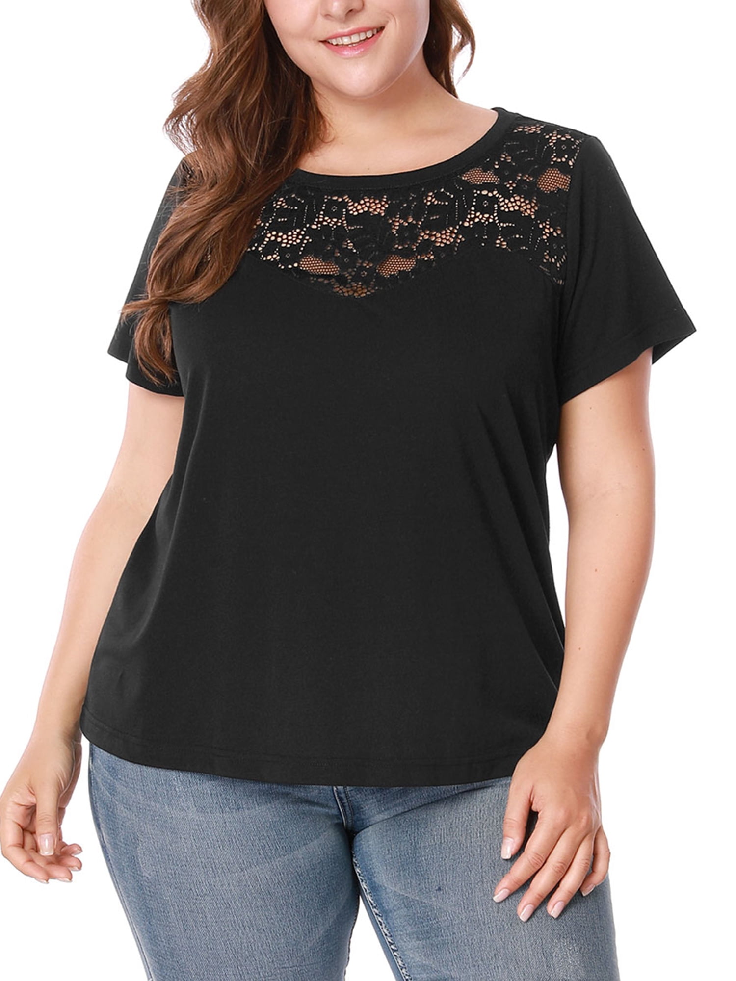 Unique Bargains Women's Plus Tops Lace Panel Round Neck Short Sleeve Blouse
