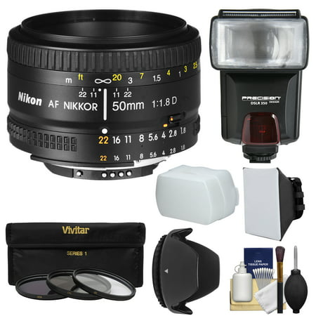 Nikon 50mm f/1.8D AF Nikkor Lens with 3 Filters + Hood + Flash & 2 Diffusers + Kit for D7100, D7200, D610, D750, D810