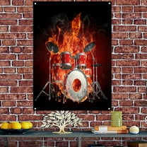 Drum Set on Fire Rock Music Poster 38" x 57" Banner Room Decor Flag with Metal Grommets