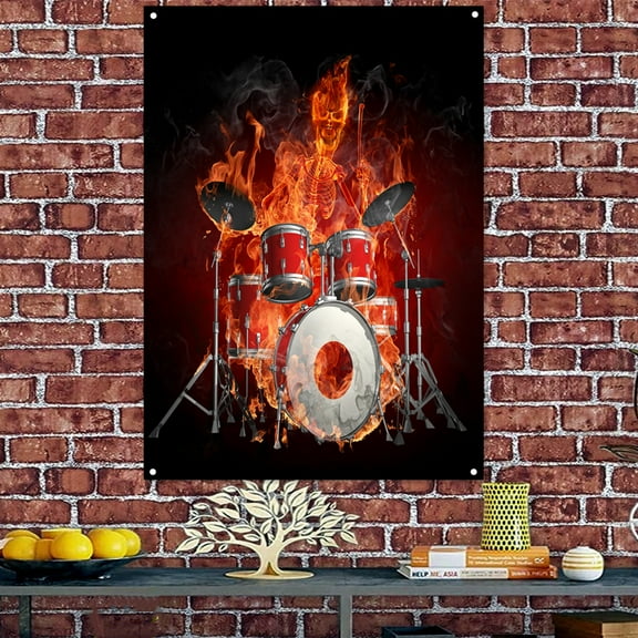 Drum Set on Fire Rock Music Poster 38" x 57" Banner Room Decor Flag with Metal Grommets
