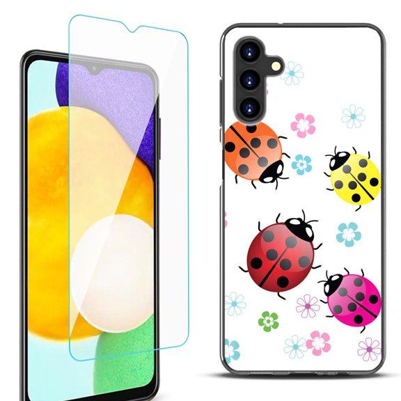 Slim-Fit Protective Fashion Phone Case (Black) for Samsung Galaxy A13 5G, with Tempered Glass Screen Protector, by OneToughShield ® - Ladybug