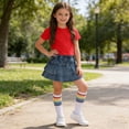 thumbnail image 4 of Yutgune Toddler Girls Short Sleeve Top & Denim Skirt 2 Piece Set, Solid Casual Back to School Daily Outfit, Sizes 110-160, 4 of 9