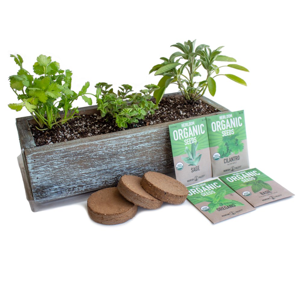Culinary Herb Garden Kit with Reclaimed Barnwood Style Planter Aged