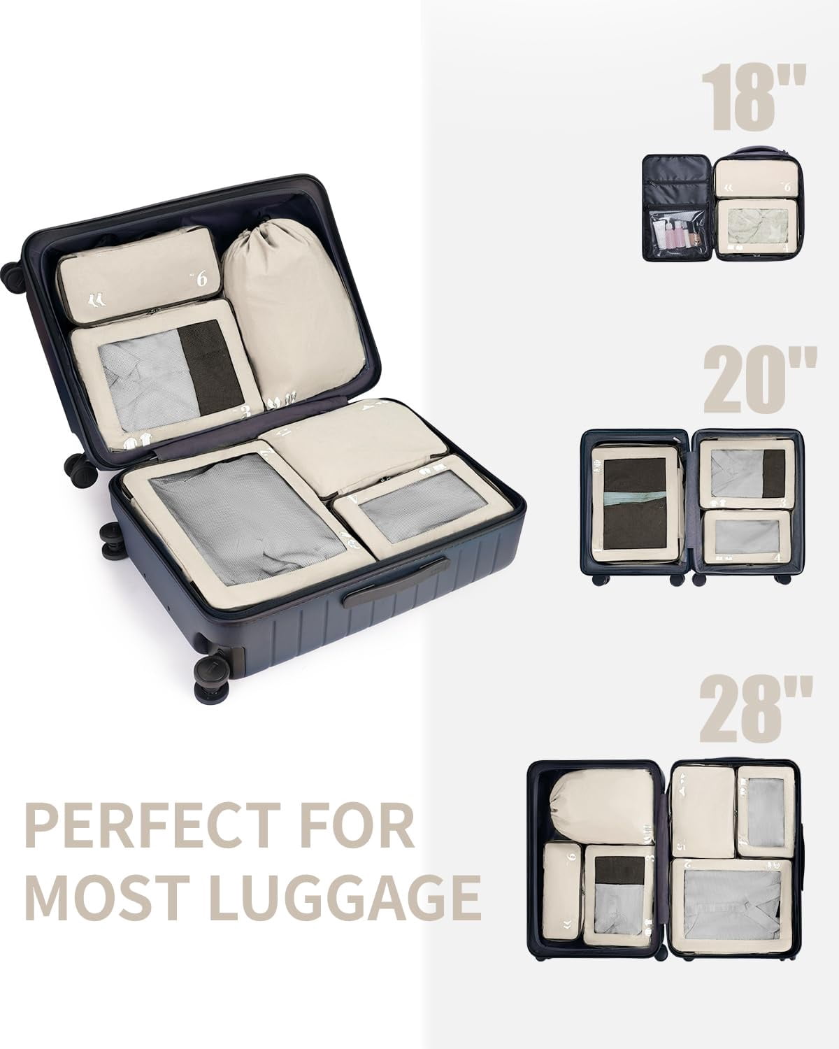 7 Pcs Packing Cubes for Travel Organizer Tear-Resistant with Number Icon Handle Storage Bags for Carry on Bag for Clothes Shoes, Beige
