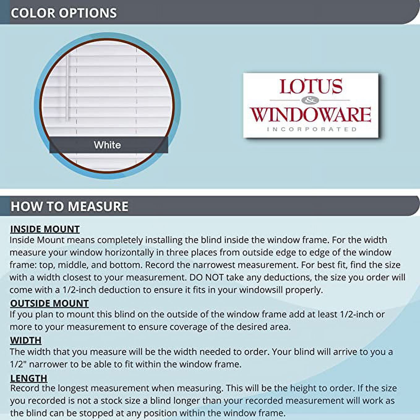 Lotus & Windoware Cordless 2" Vinyl Plus Room Darkening Horizontal Blind, 35" W x 60" L, White, Smooth