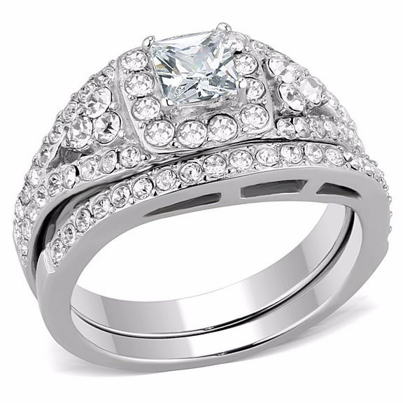 Womens Bling Bling 0.6 Carat Princess CZ Center Stainless Steel Wedding Ring Set - Size 7
