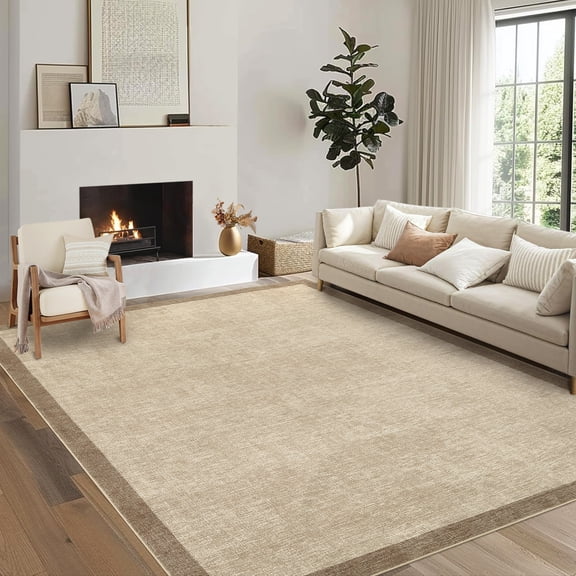 Garvee 5'x7' Modern Border Area Rug Solid Neutral Rug, Washable Non Slip Soft Accent Carpet for Living Room Bedroom Home Decor, Camel