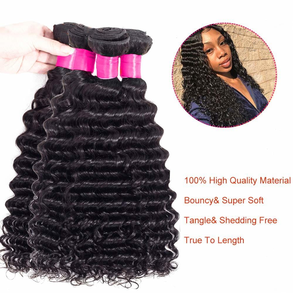Remy Brazilian Human Hair Deep Wave Bundles 100% Unprocessed Brazilian Virgin Human Hair Weave Extensions Natural Black Color 4 Bundles(16"18"20"22")