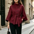 thumbnail image 6 of Miqool Women's Tweed Stand Collar Jacket Button Down Tie Waist Flare Long Sleeve Coat Trendy Casual Office Trench Coat, 6 of 7