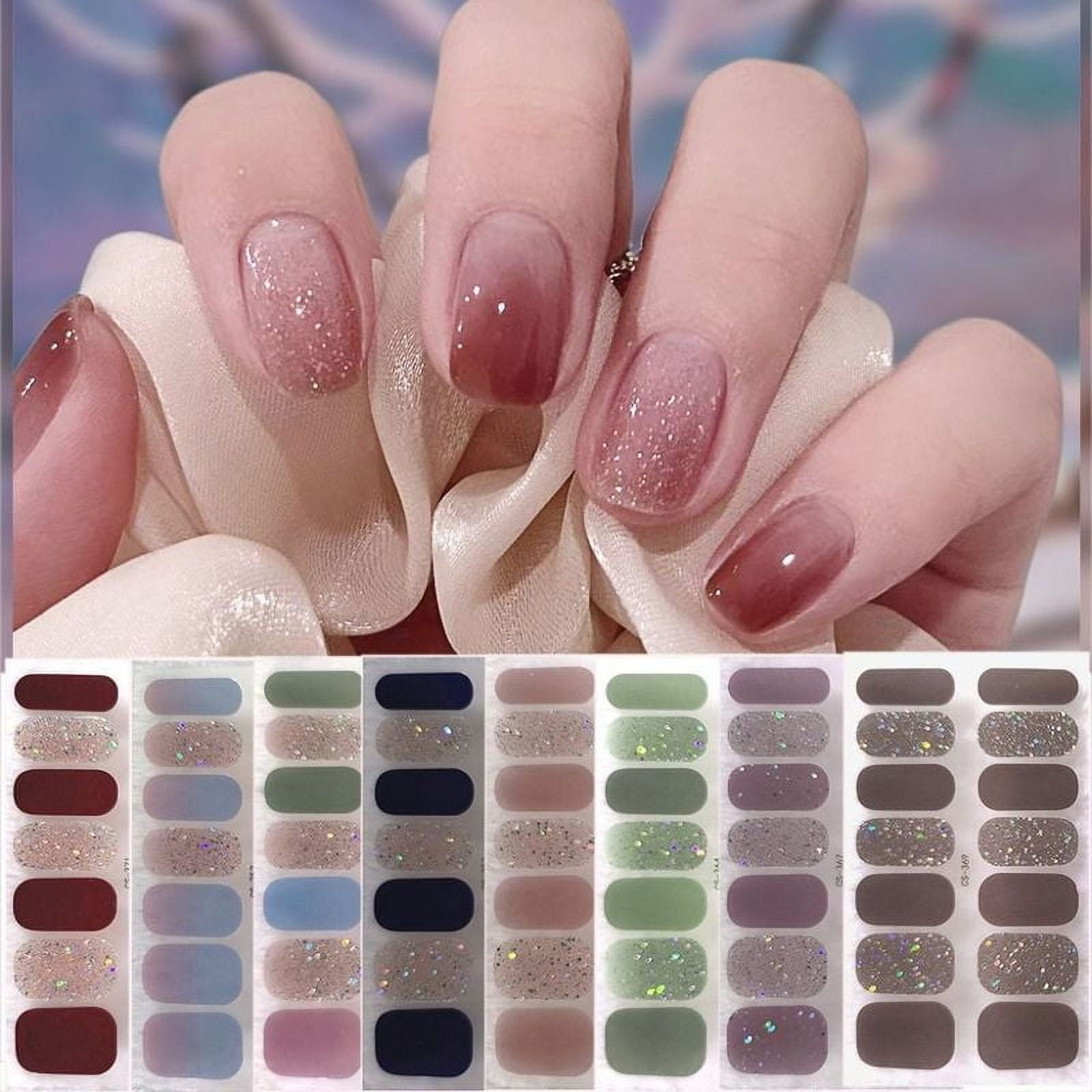14Tips Semi Cured Gel Nail Stickers Foil Glittering Nail Art Stickers Self-Adhesive Simple Gel Full Nail Wraps