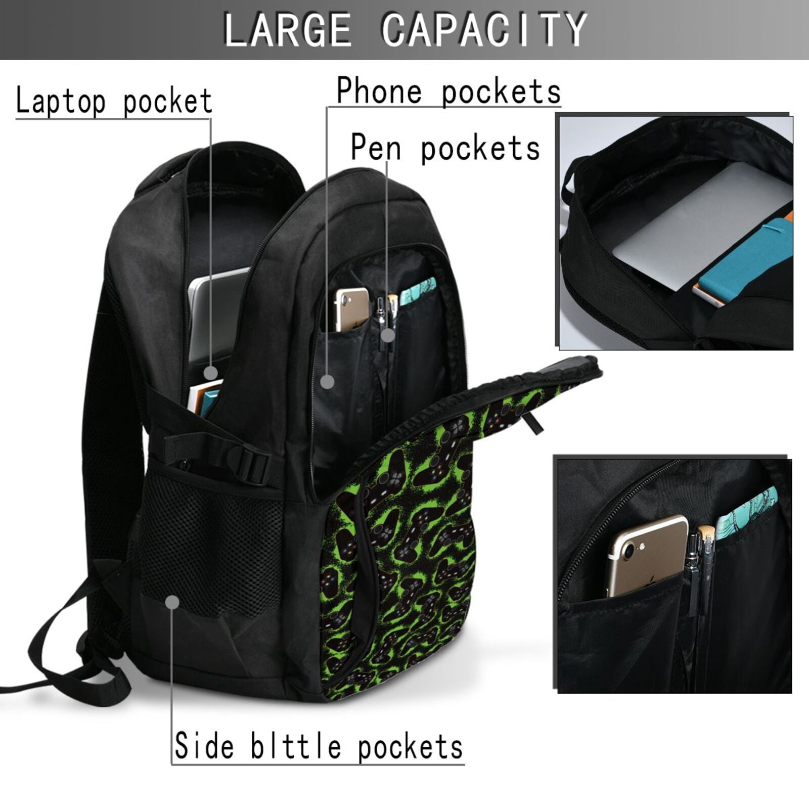 Vsdgher Cool Gamepad Print Travel Laptop Backpack, Laptops Backpack with USB Charging Port, Water Resistant Computer Bag Gift for Men & Women