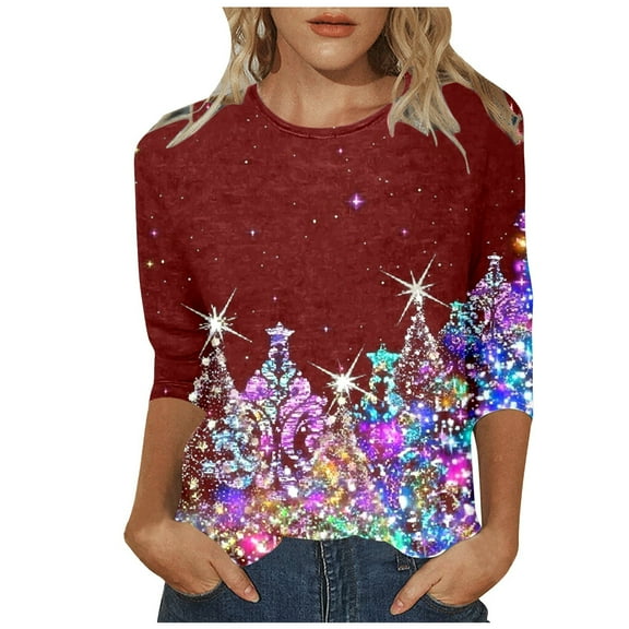 Fiaer Christmas Women 3/4 Sleeve Shine Tshirts Oversized Crew Neck T Shirts Loose Fit Fashion Comfort Casual Xmas Tops Red XL